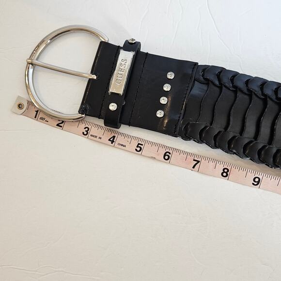 Guess Black Faux Leather Wide Belt Rhinestones Womens Medium Bold Goth Night Out - Picture 10 of 11